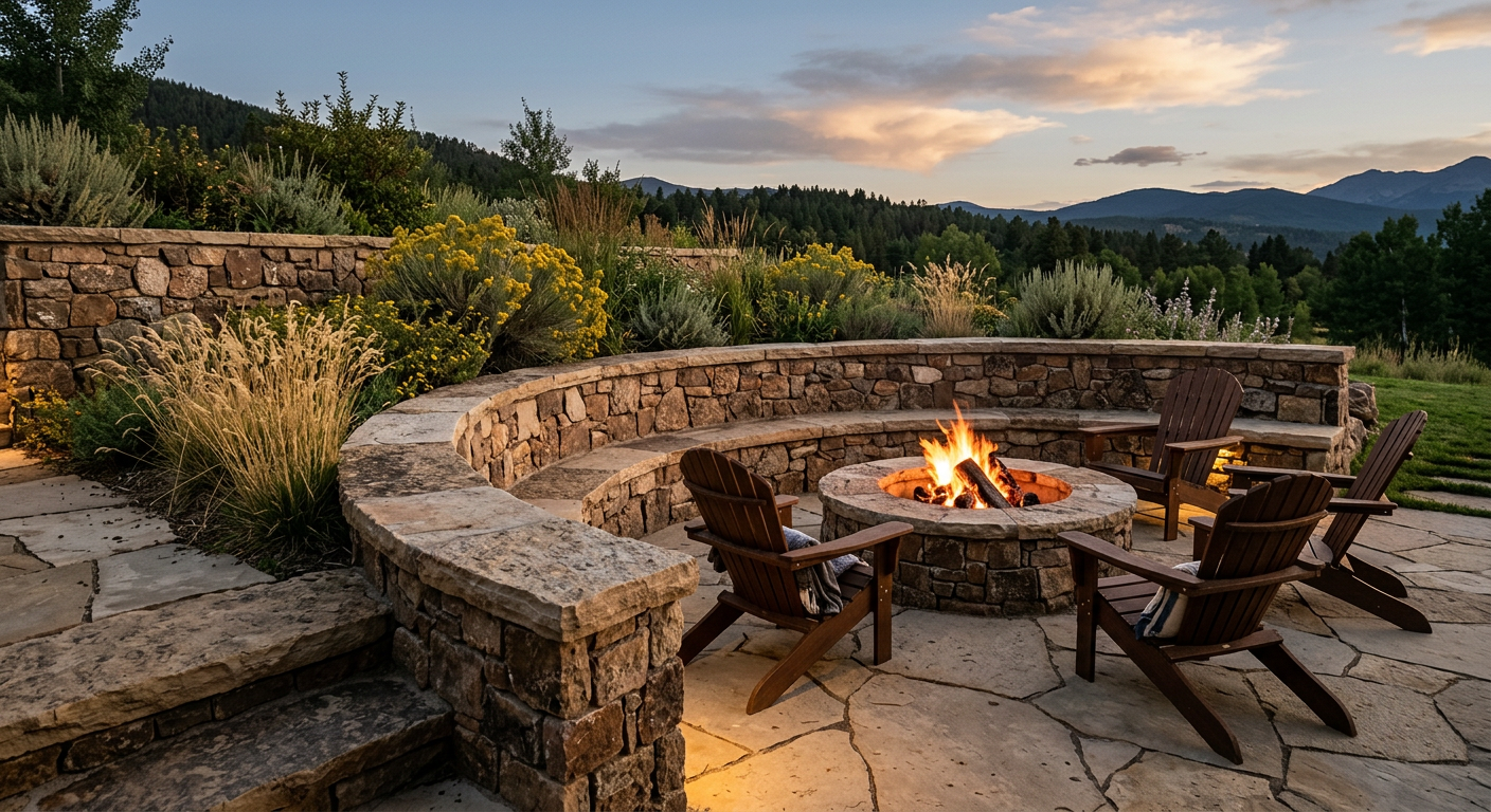Stone retaining wall with built-in seating around fire pit in Colorado landscape