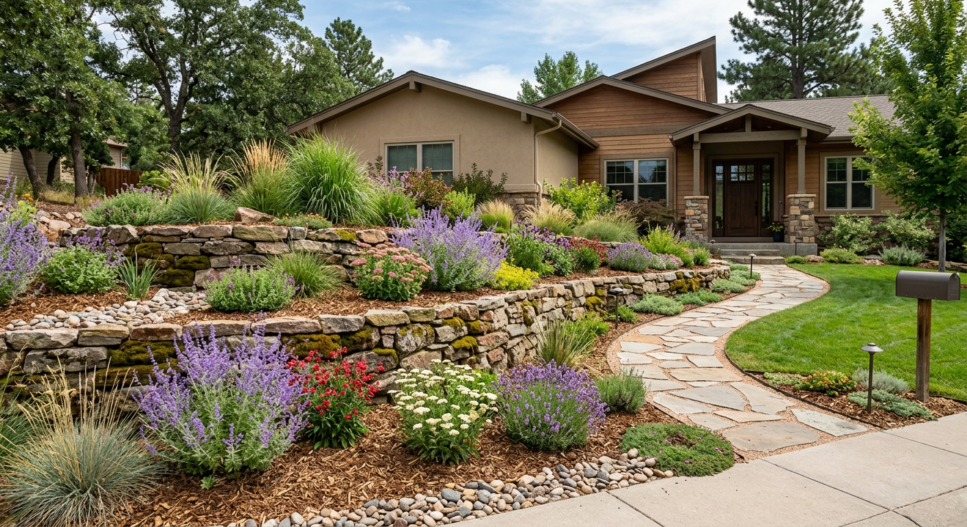 Front yard retaining walls with terraced planting beds and stone walkway in Northern Colorado