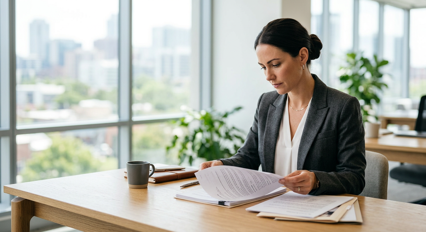 Real estate agent reviewing printed documents and market reports at a clean desk, professional attire