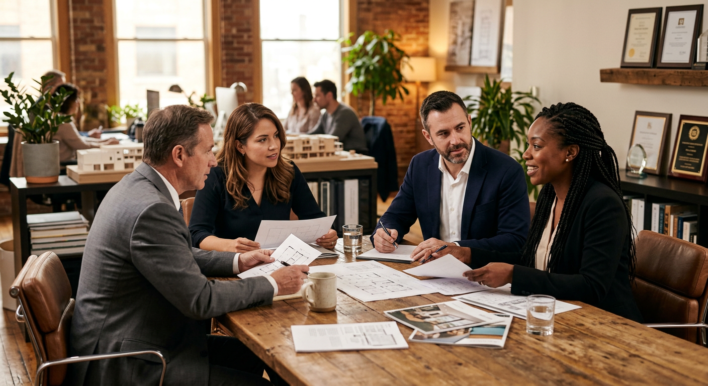 Real estate brokerage team collaborating around a conference table, professional setting, warm lighting
