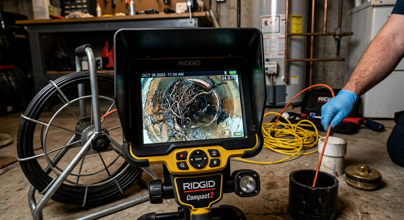 Video camera inspection showing tree roots blocking sewer line in Longmont