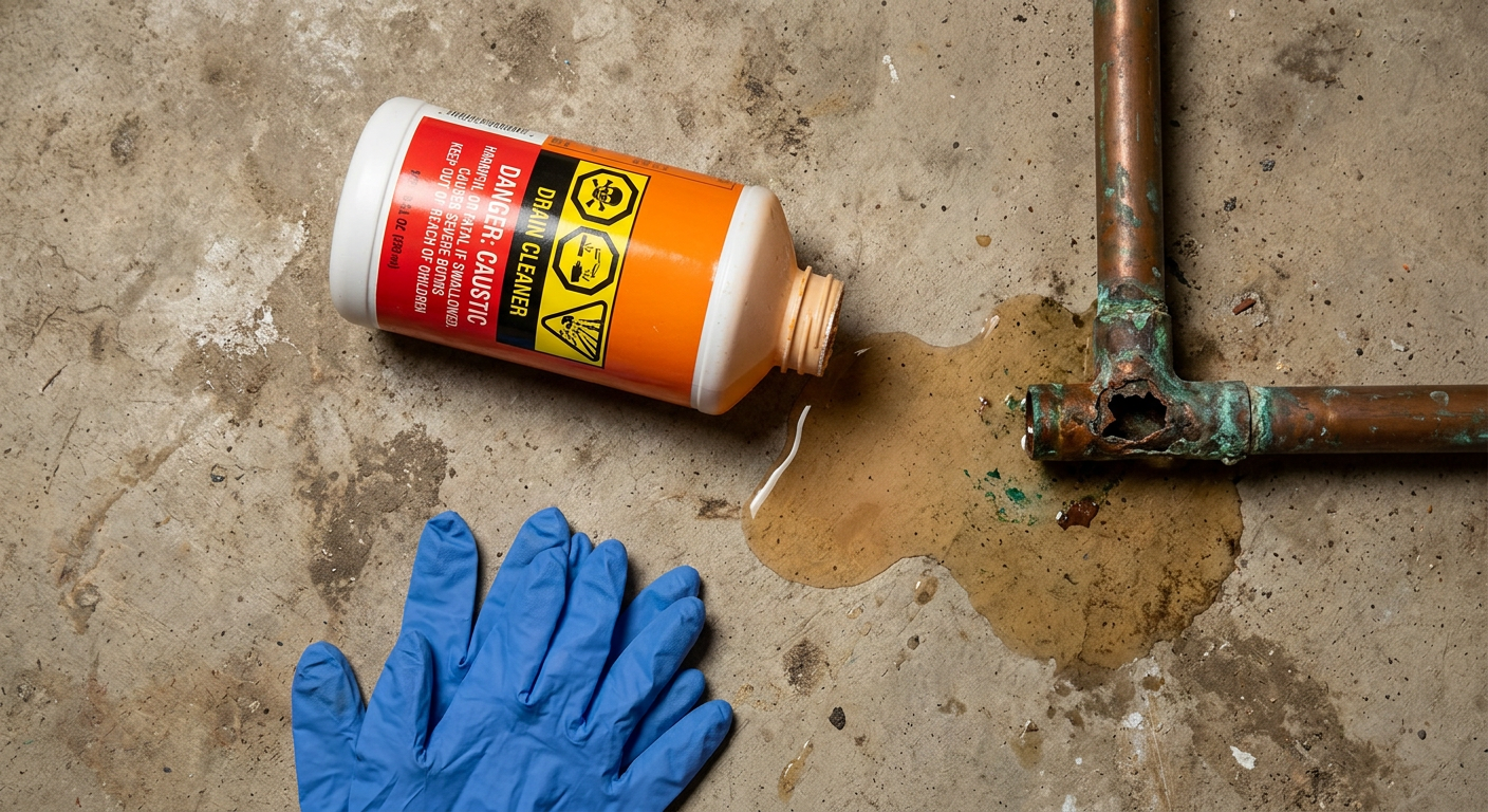 Chemical drain cleaner next to damaged pipes showing why not to use harsh chemicals
