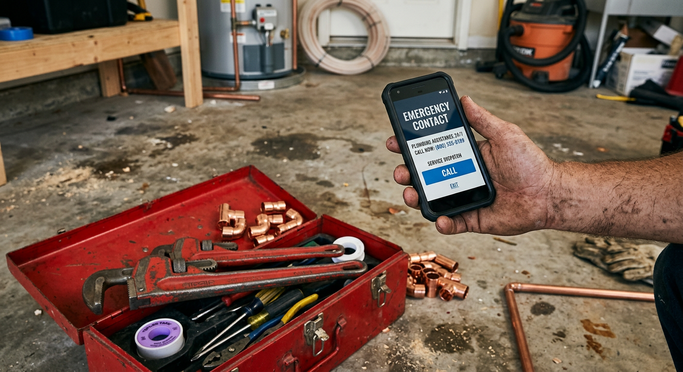 Calling emergency plumber with tools ready for service