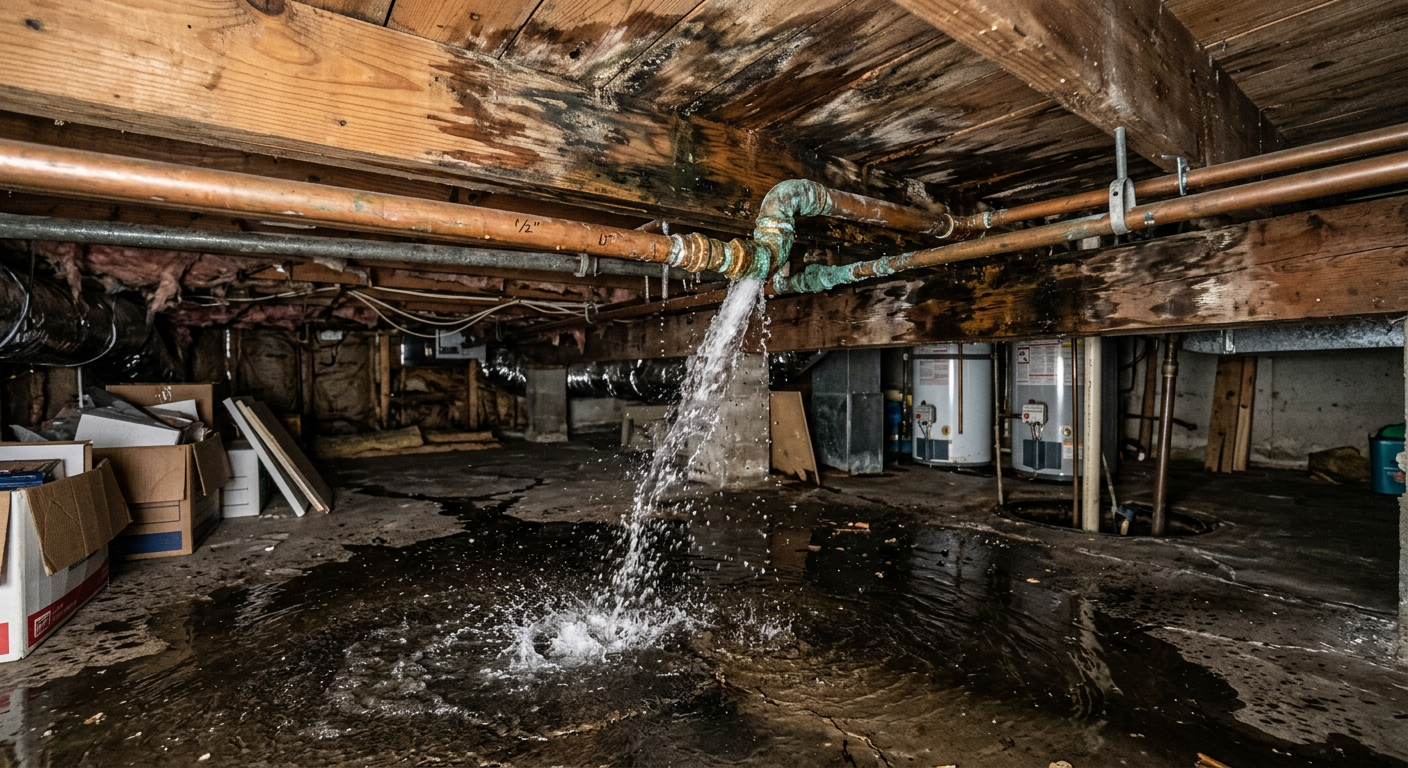 Burst pipe spraying water in residential basement