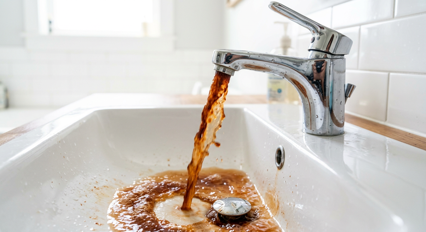 Rust-colored hot water from faucet indicating corroded water heater tank