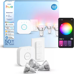 HUE Start GU10 Essentials 3 perur, Fjarstýring og brú RGBW