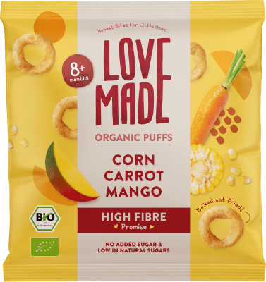 LoveMade barnasnakk, Maís, Gulrætur, Mango hringir 8+ mán (8)
