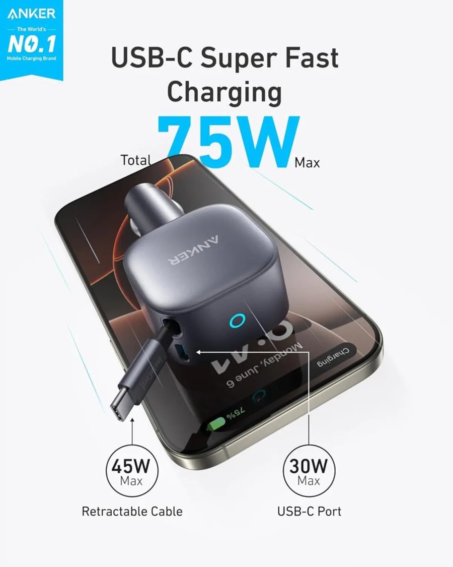 Anker Nano USB-C hleðslutæki í bíl 75W m/USB-C snúru