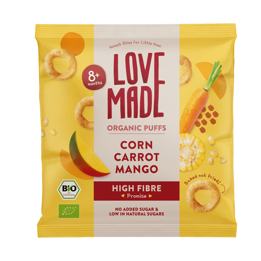 LoveMade barnasnakk, Maís, Gulrætur, Mango hringir 8+ mán (8)