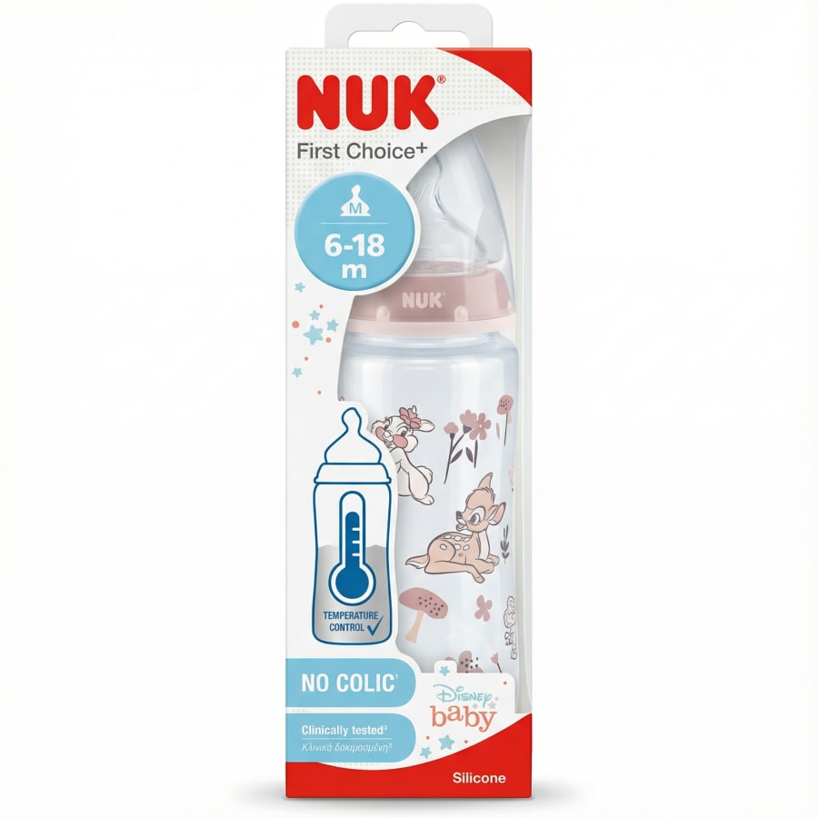 NUK First Choice+ Disney Baby pelaflaska með sílikonsnúð, stærð M (6–18 mánaða), 300 ml