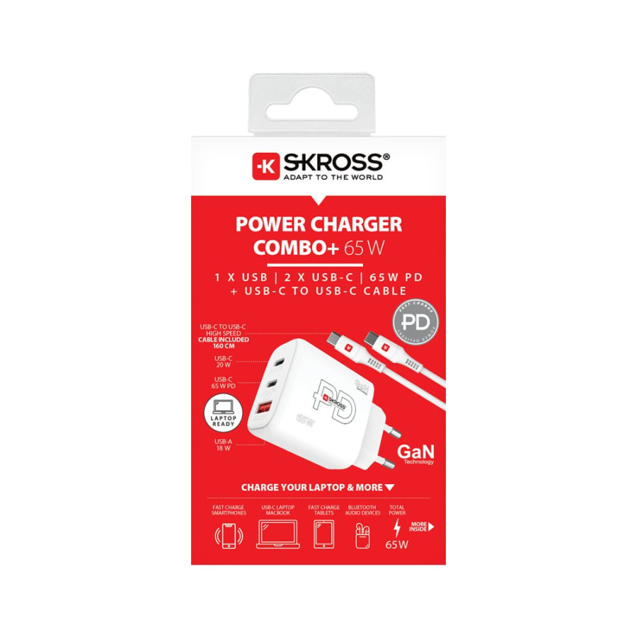 Skross Hleðslutæki 65w GaN 2x USB-C, 1x USB-A og USB-C kapall