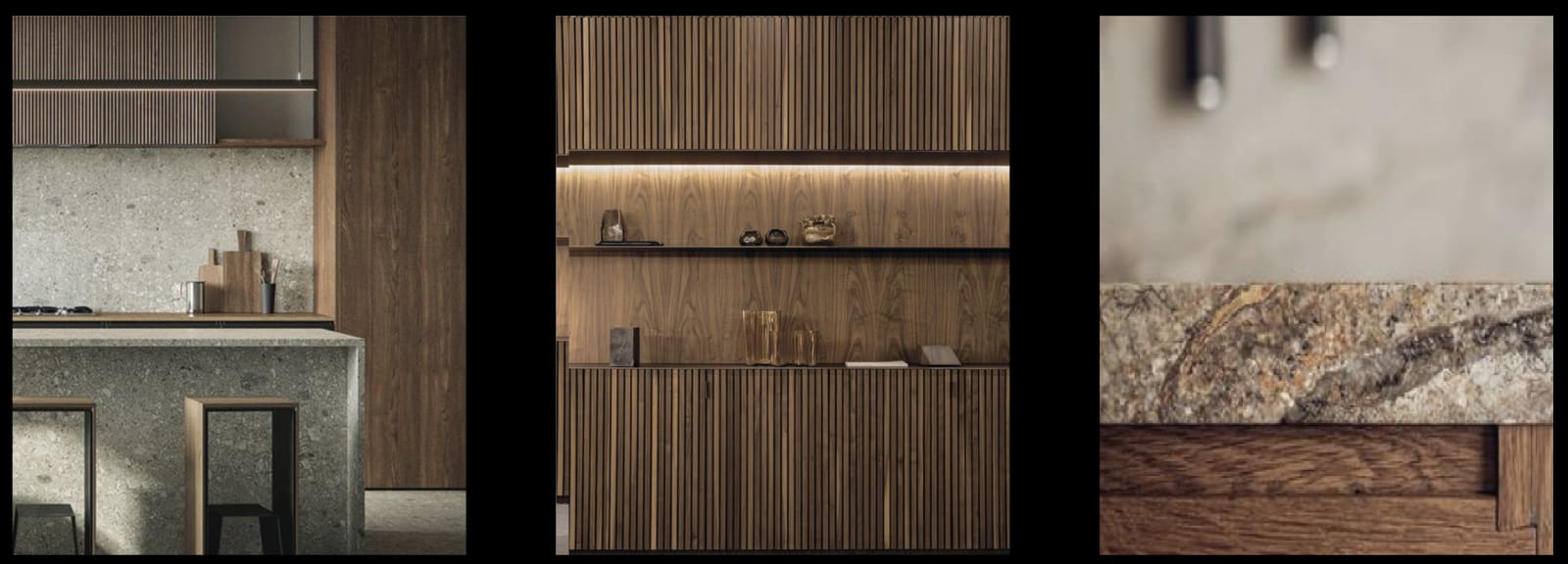 Kitchen materials: stone, walnut and natural wood