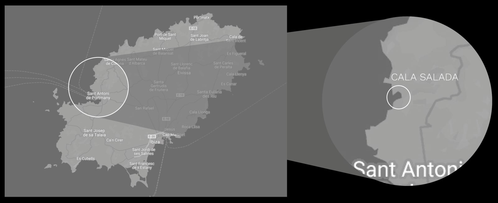 Map of Ibiza showing Cala Salada near Sant Antoni de Portmany