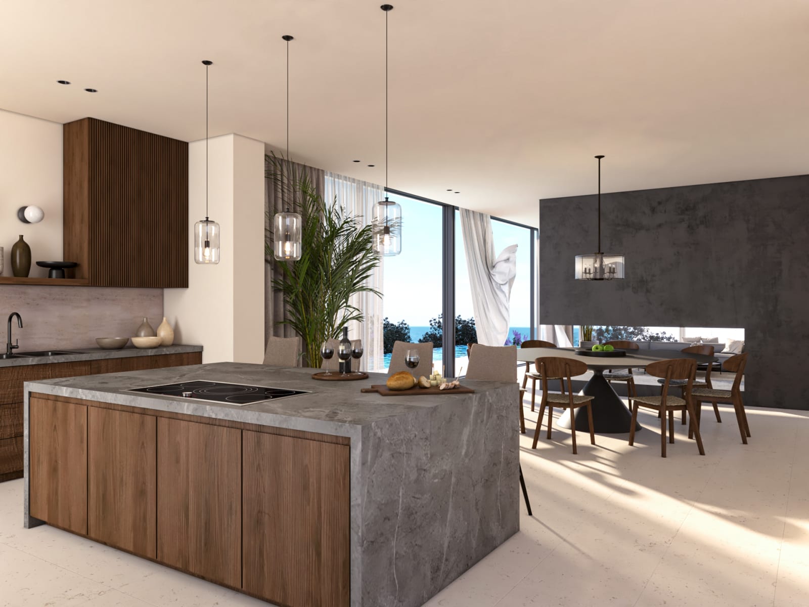 Kitchen island in grey stone and walnut