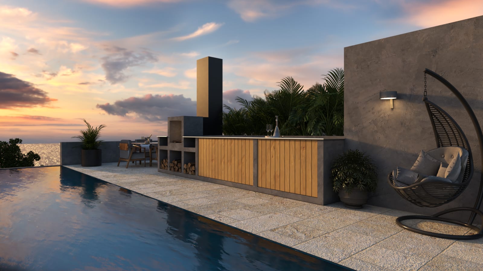 Roof terrace infinity pool and outdoor kitchen at sunset