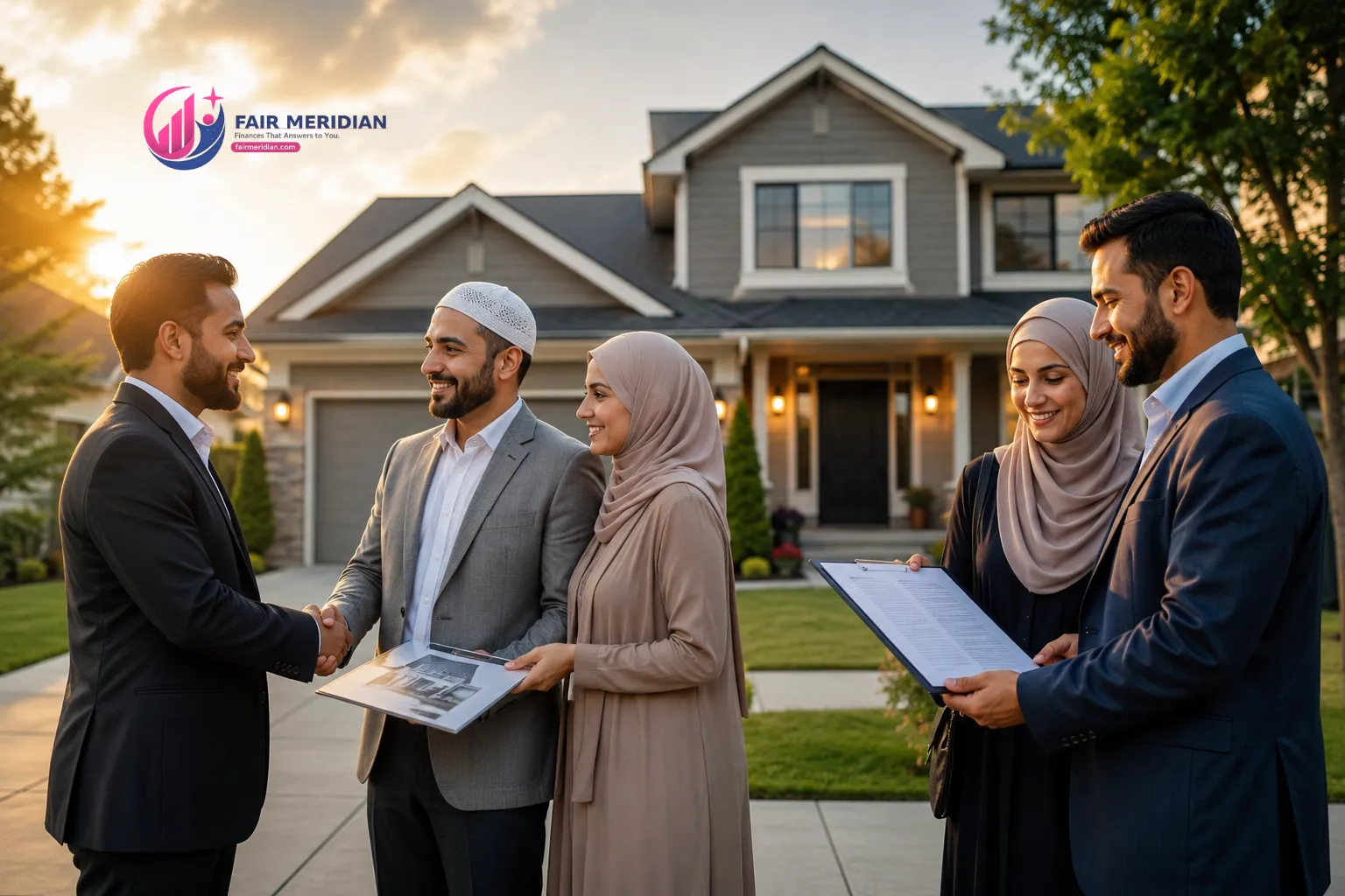 Muslim homebuyers comparing Musharakah and Murabaha halal mortgage options in the United States.