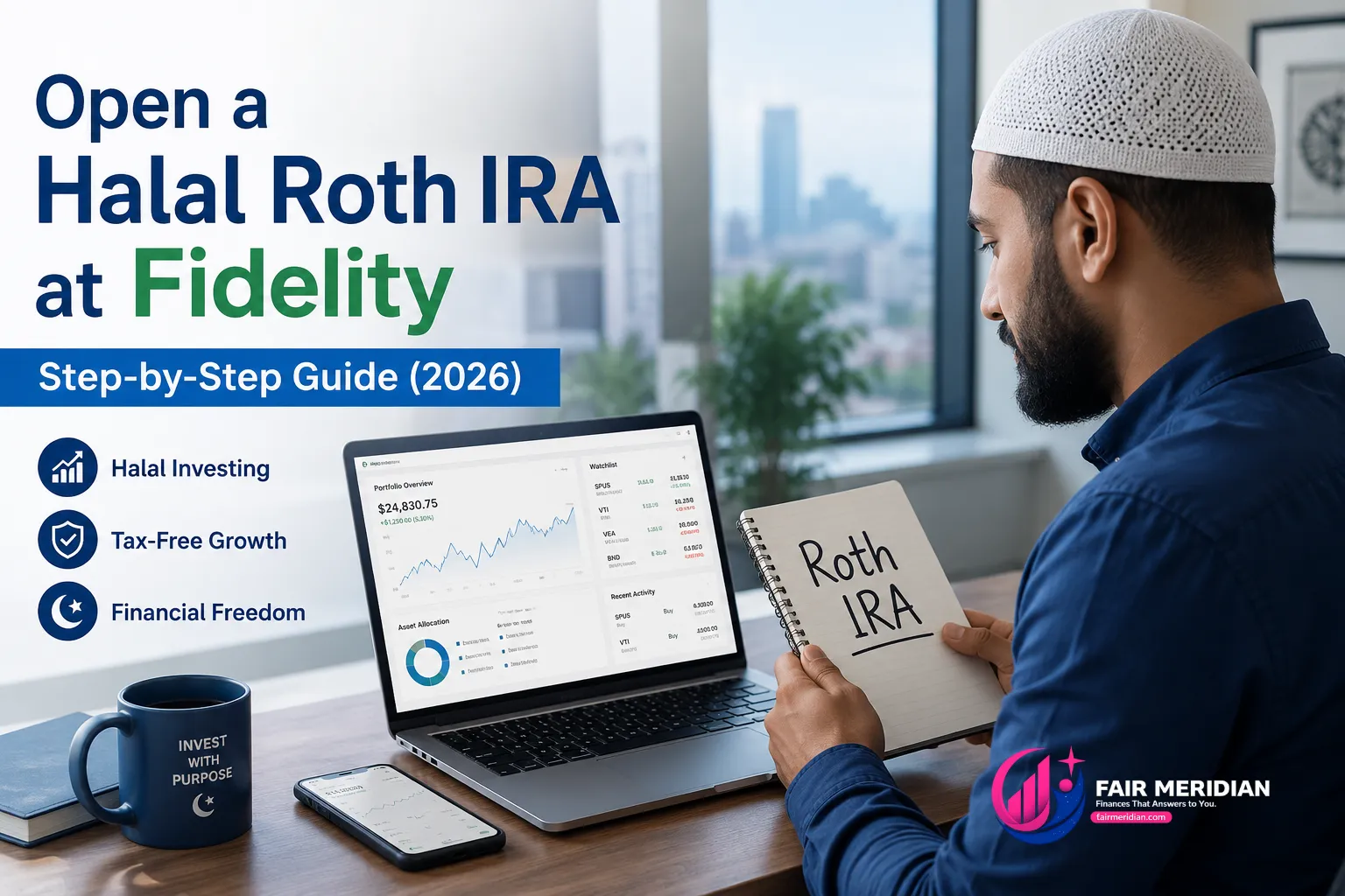 Muslim investor opening a halal Roth IRA investment account using an online brokerage platform.