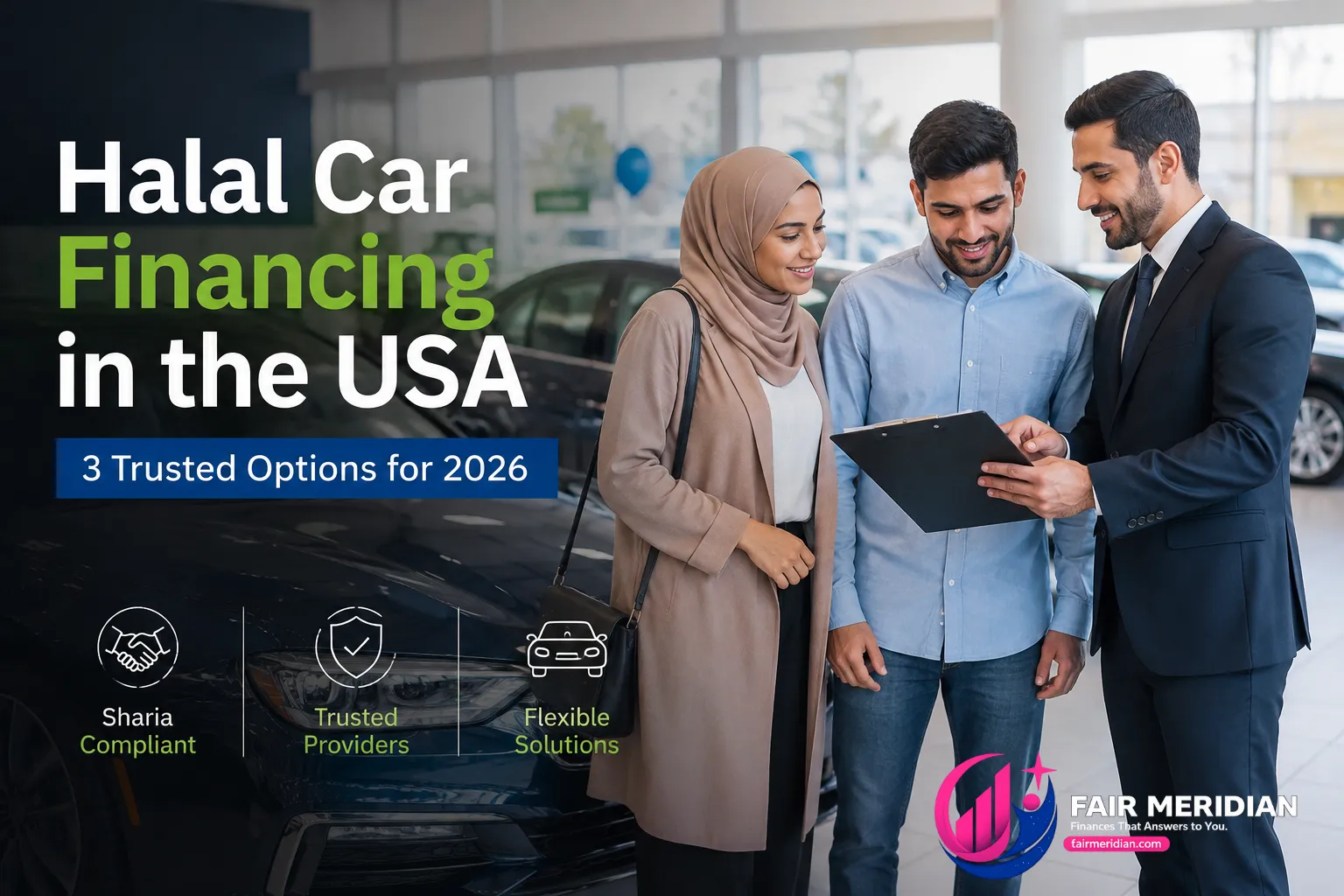 Muslim couple reviewing halal car financing options with a financial advisor at a US car dealership