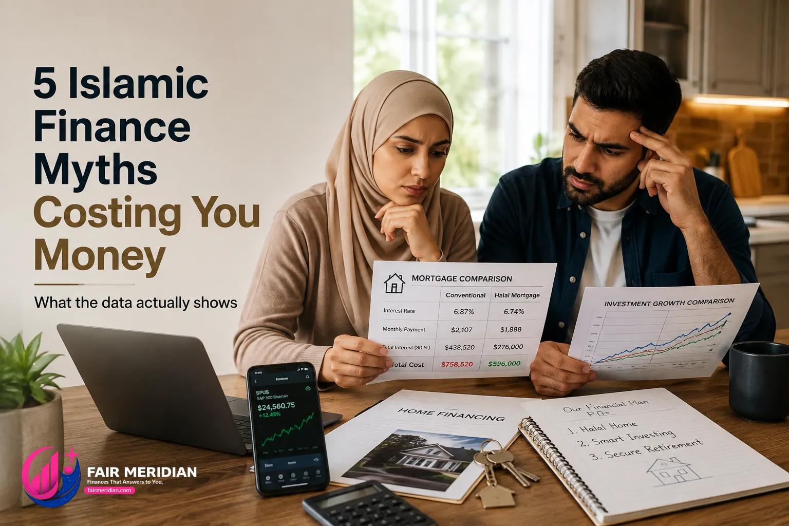 American Muslim couple comparing halal and conventional mortgage and investment options after learning about Islamic finance myths.