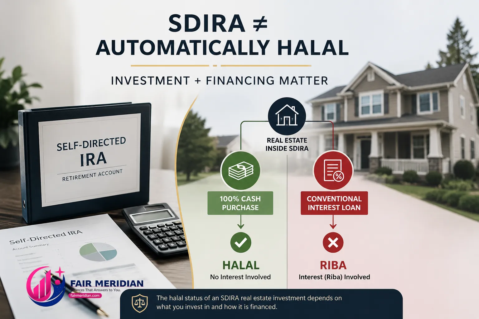 Self-directed IRA halal real estate investing comparison showing cash purchase versus conventional interest financing