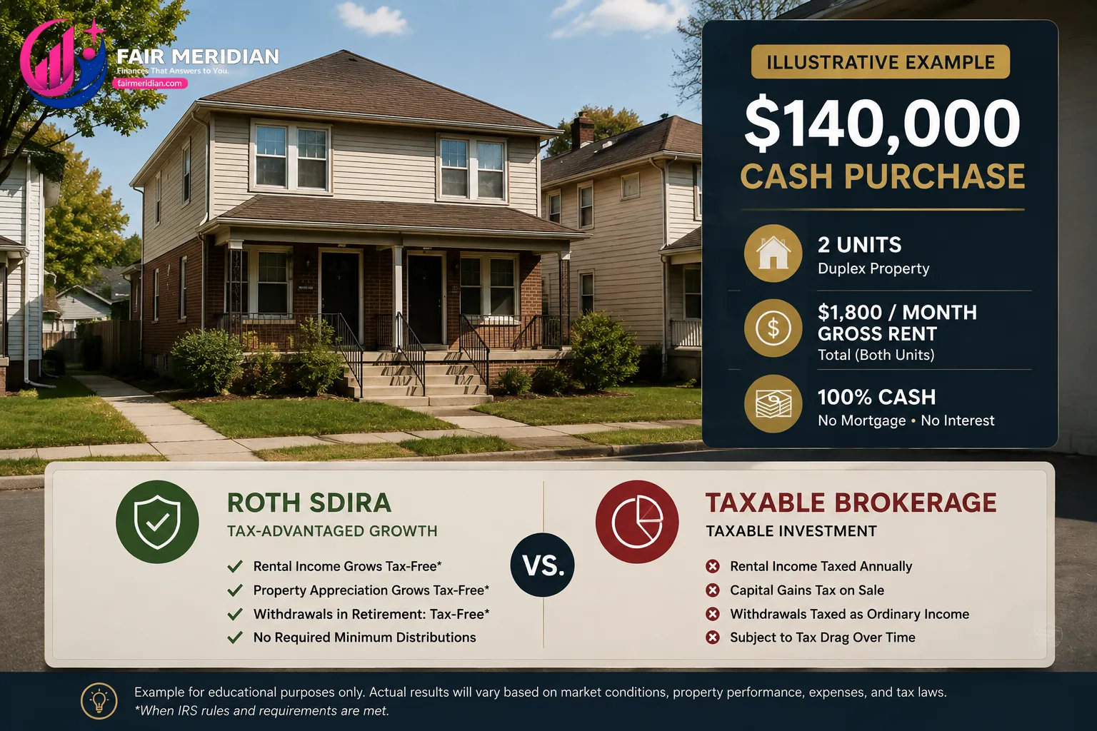 140000 dollar duplex rental property example for Roth self-directed IRA real estate investing