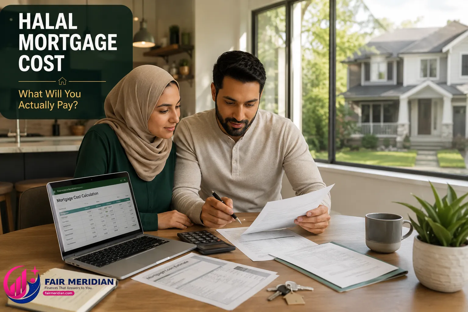 Muslim homebuyer reviewing halal mortgage costs for a $400,000 home in the USA