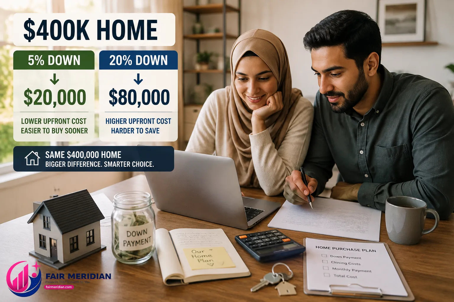 Halal mortgage 5 percent down payment comparison for a $400,000 home