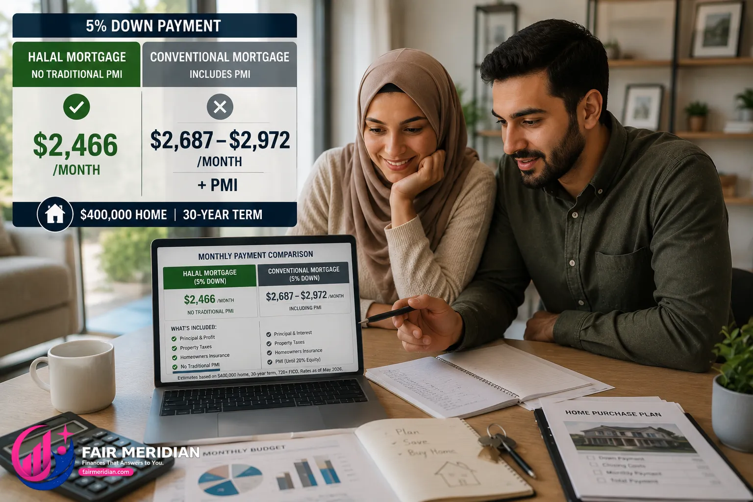 Halal mortgage monthly payment comparison with no traditional PMI at 5 percent down