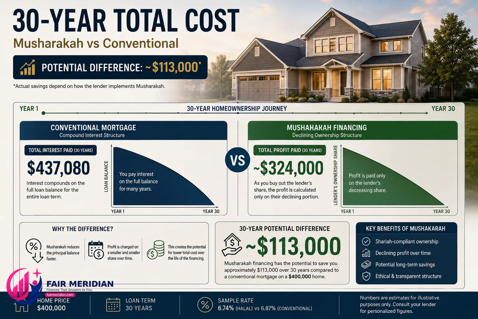 30 year halal mortgage total cost comparison using Musharakah versus conventional financing