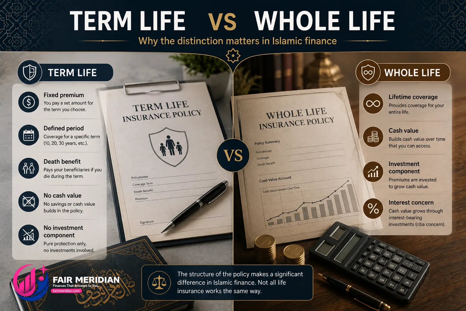 Term life versus whole life insurance comparison for Muslim families and Islamic finance