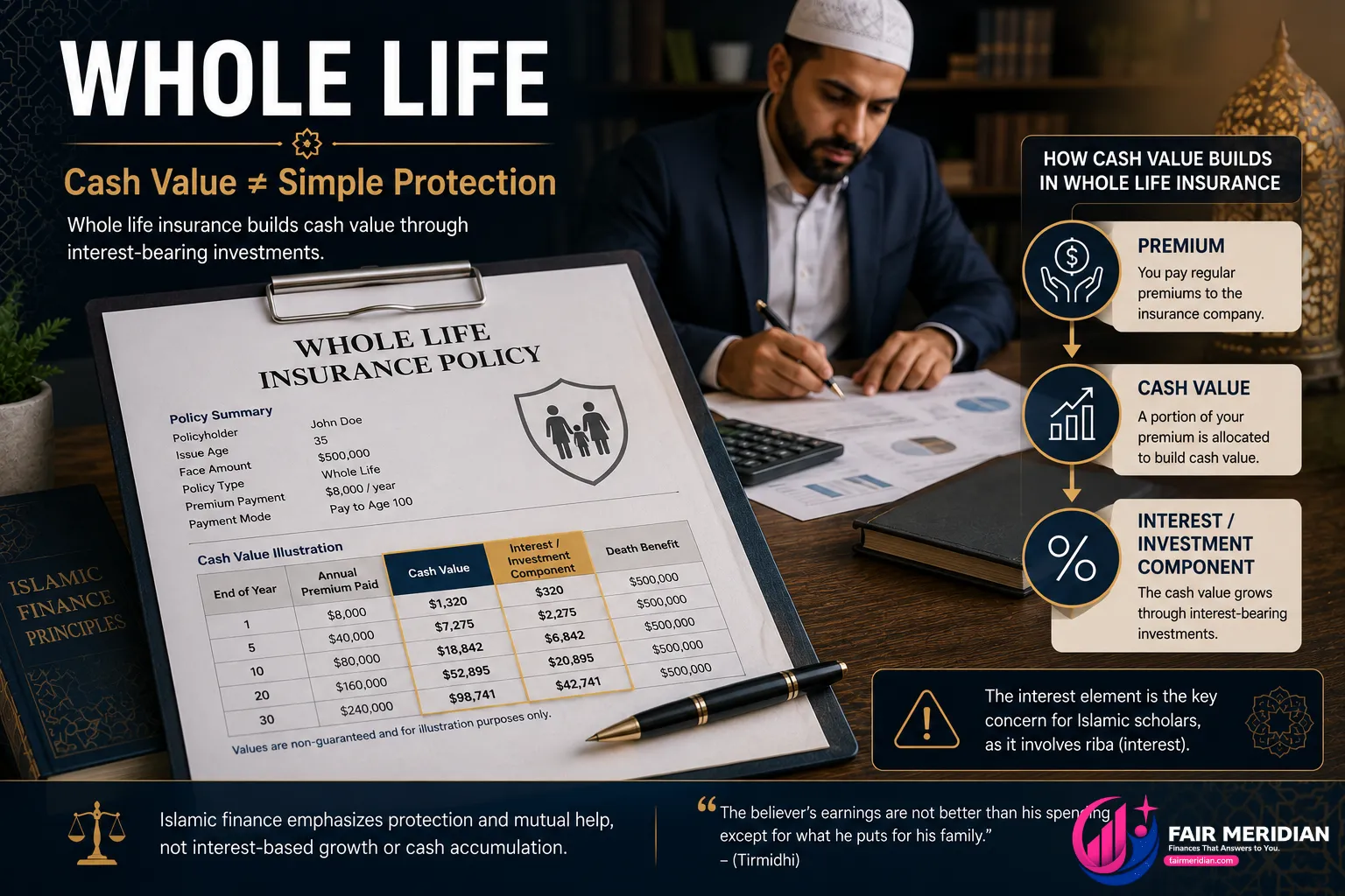 Whole life insurance cash value and interest component explained from an Islamic finance perspective
