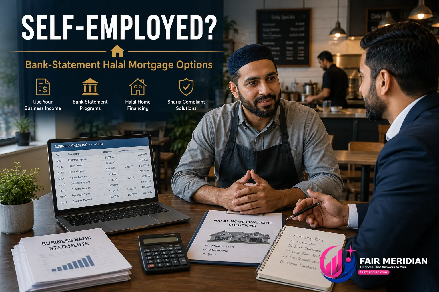 Self-employed Muslim buyer using bank statements for a halal mortgage in Illinois