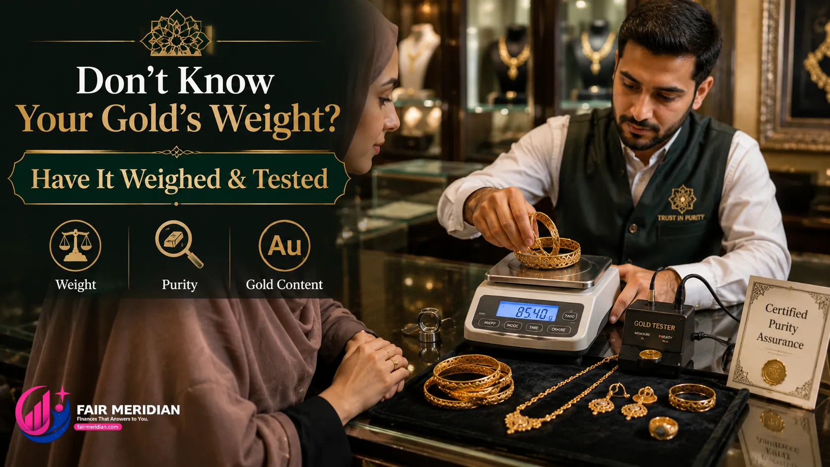 Jeweler weighing gold jewelry and checking purity for zakat calculation