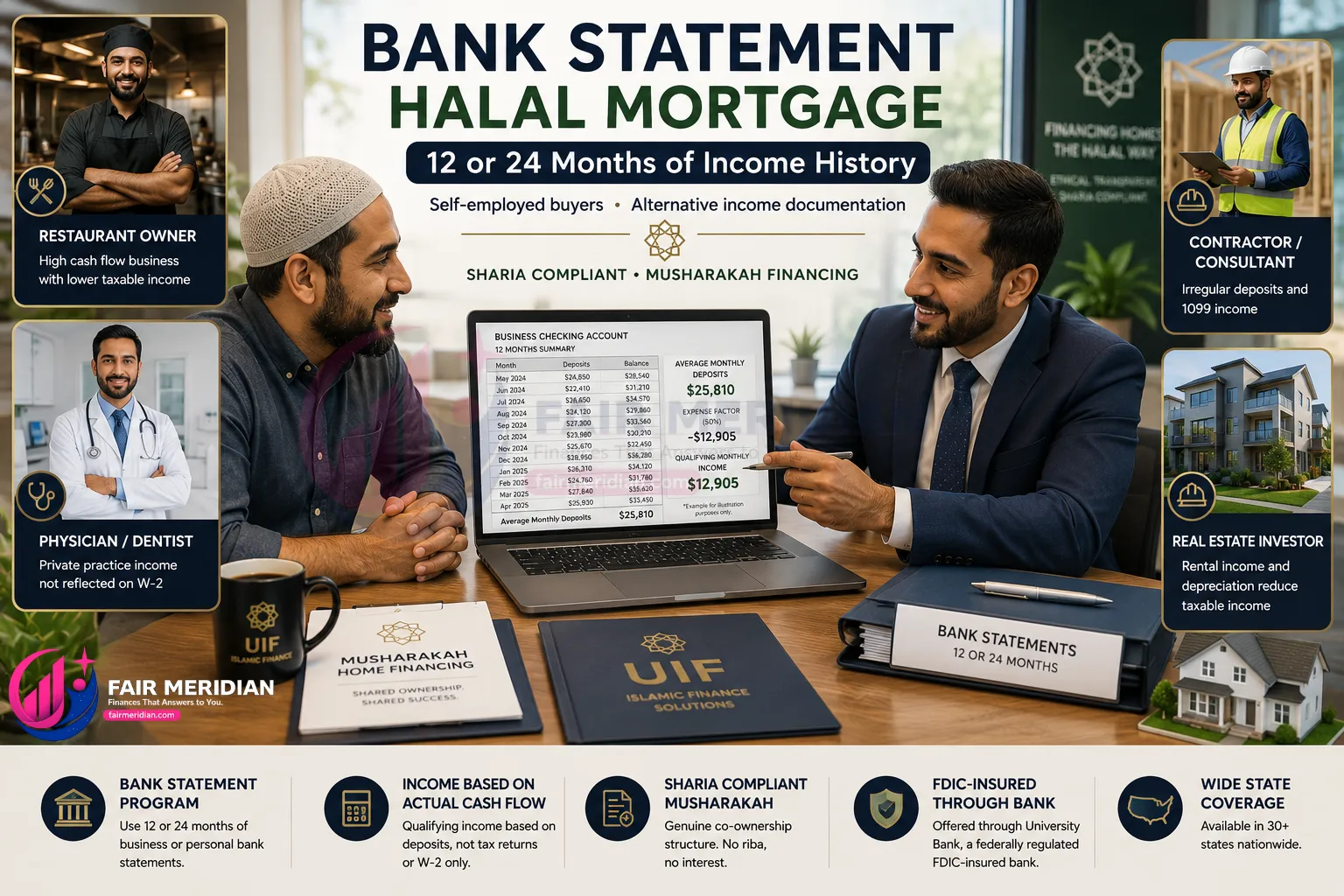 UIF bank statement halal mortgage program for self-employed Muslim homebuyers using 12 or 24 months of bank statements
