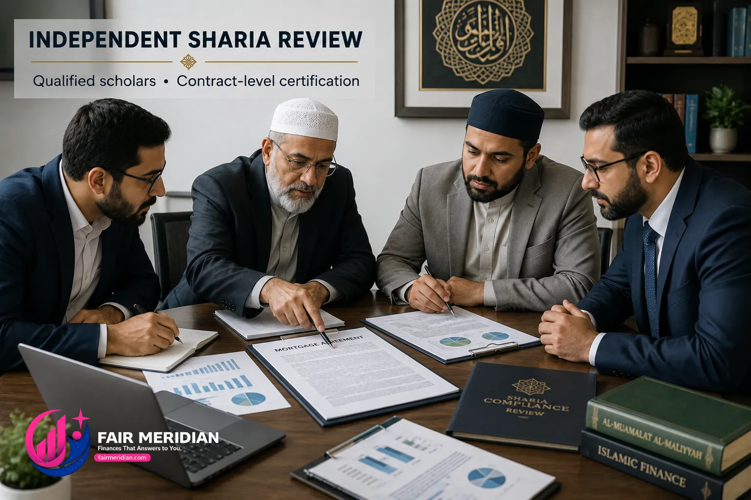 Independent Sharia supervisory board reviewing a halal mortgage contract for Sharia compliance