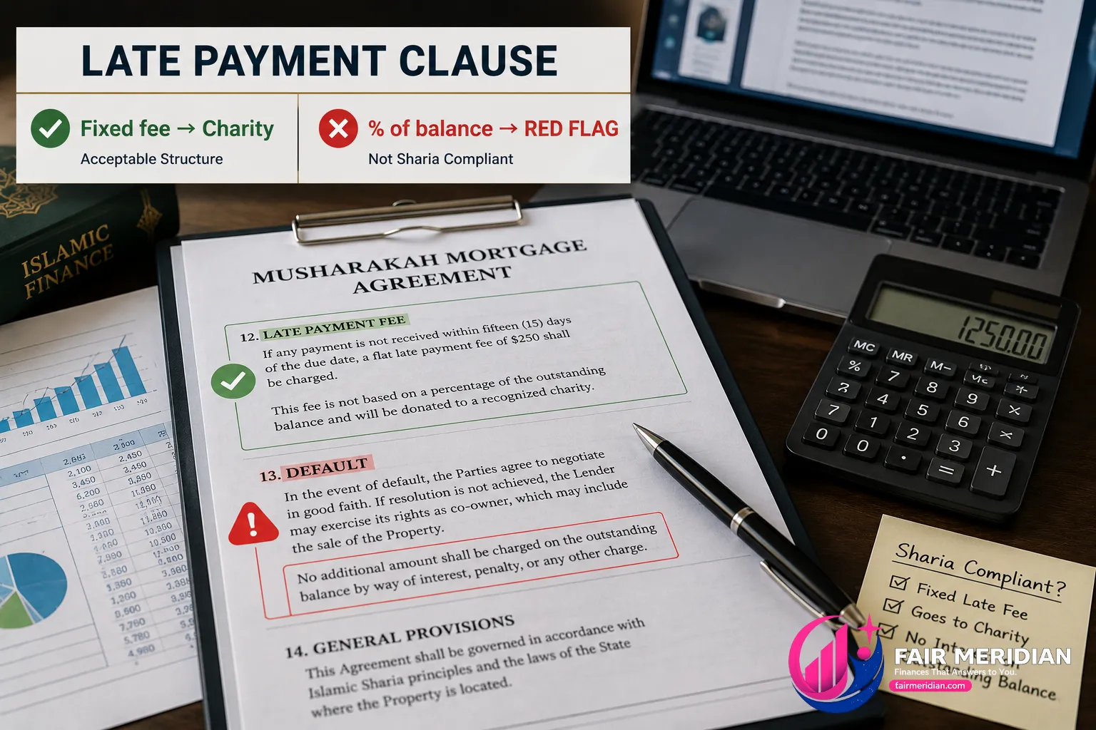 Halal mortgage late payment fee and default clause review for Sharia compliance