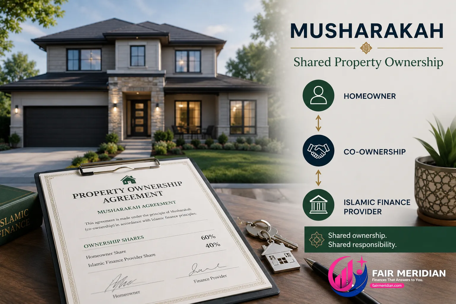 Musharakah halal mortgage showing co-ownership between homeowner and Islamic finance provider