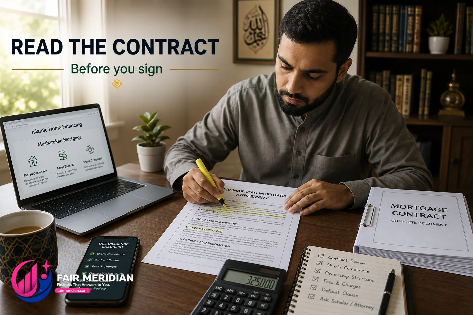 Muslim homebuyer reviewing a halal mortgage contract before signing