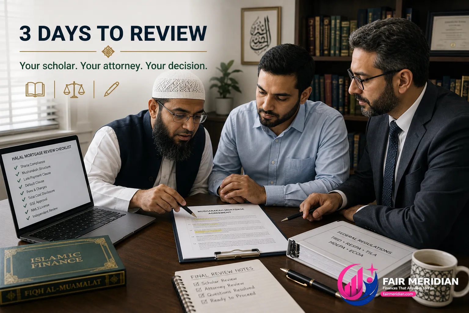Independent Islamic scholar and attorney reviewing a halal mortgage contract before closing