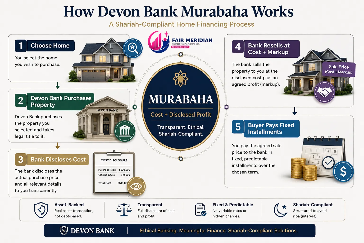 How Devon Bank Murabaha Islamic mortgage works from property purchase to cost-plus resale and fixed installments