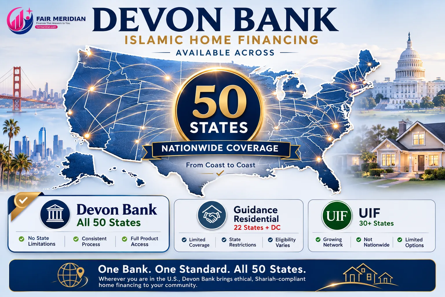 Devon Bank halal mortgage 50-state coverage map showing nationwide Islamic home financing availability