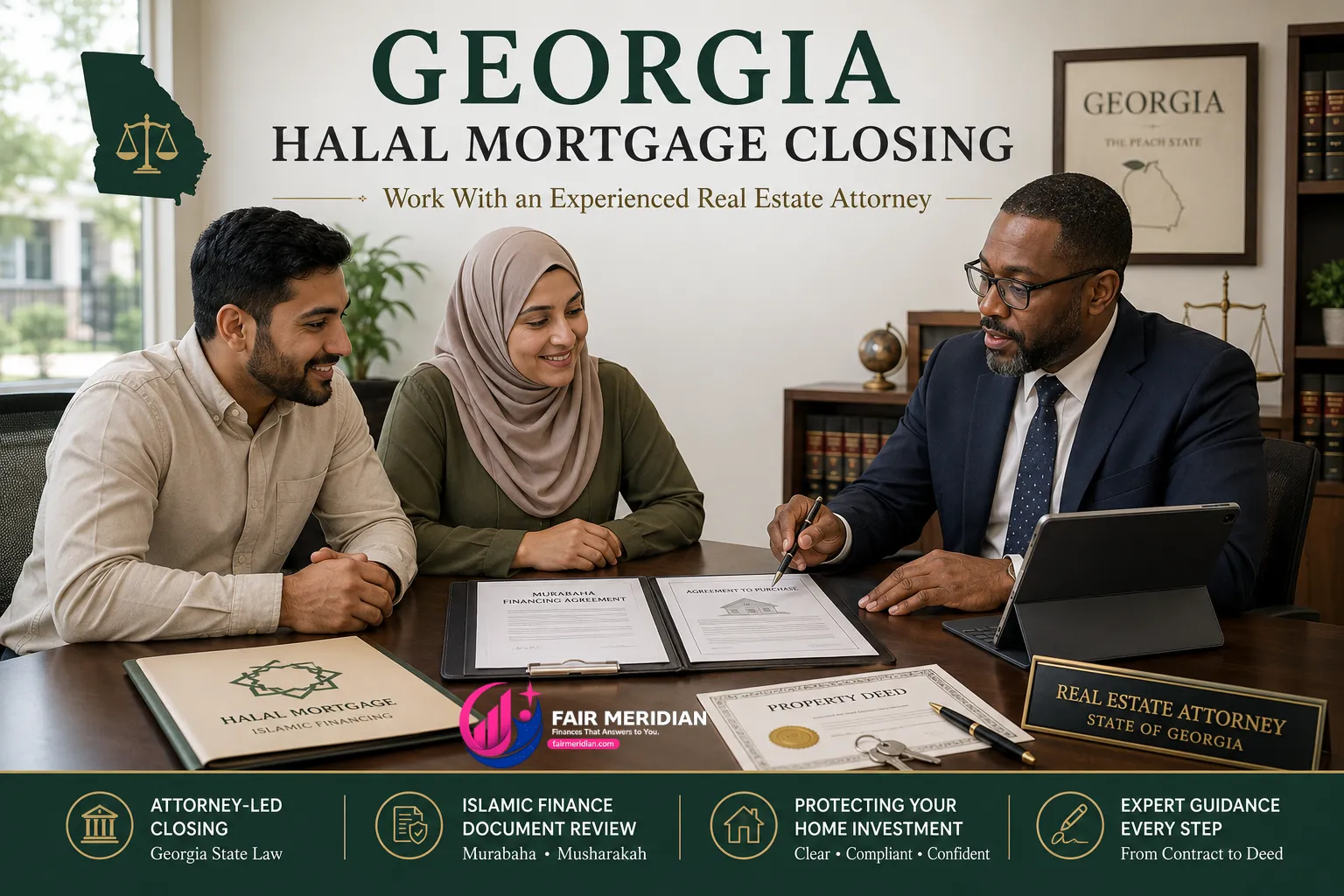 Georgia real estate attorney reviewing halal mortgage closing documents with Muslim homebuyers