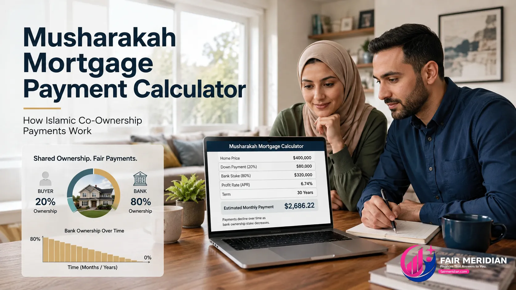 Musharakah mortgage payment calculator showing Islamic home financing and bank ownership stake