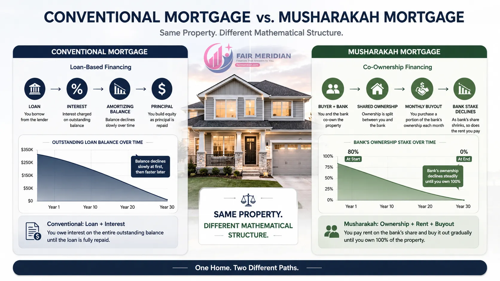 Conventional mortgage vs Musharakah mortgage showing loan amortization and Islamic co-ownership