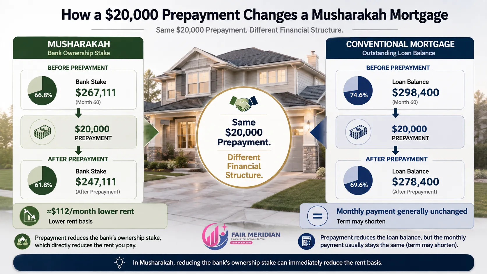 Musharakah mortgage prepayment example showing a $20,000 reduction in the bank ownership stake