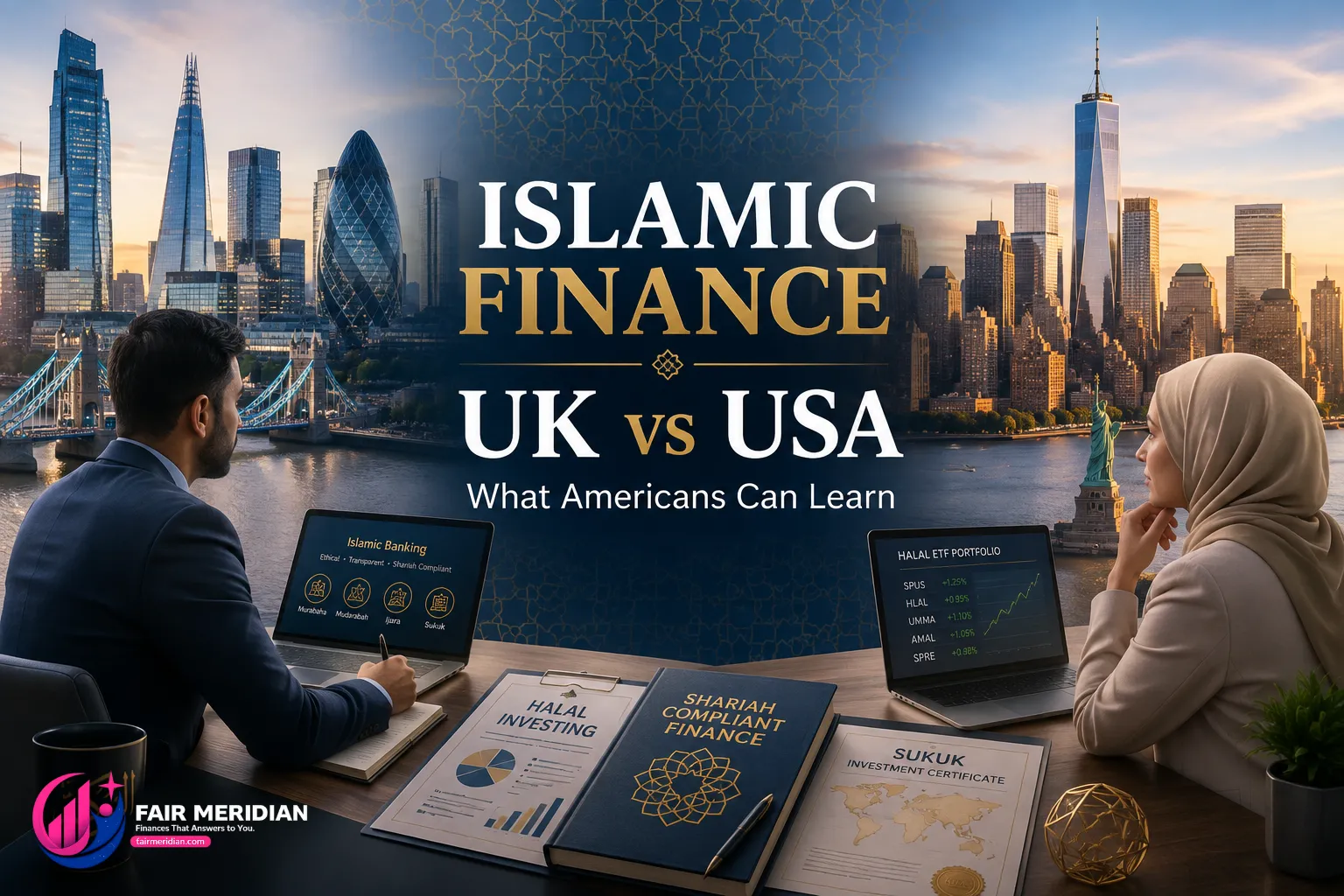 Islamic finance in the UK vs USA showing differences in halal banking, mortgages and investing