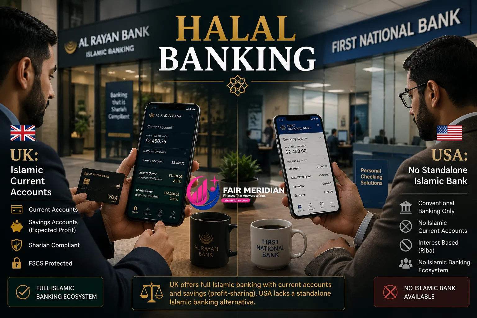 UK Islamic banking compared with USA halal banking and Islamic current account availability