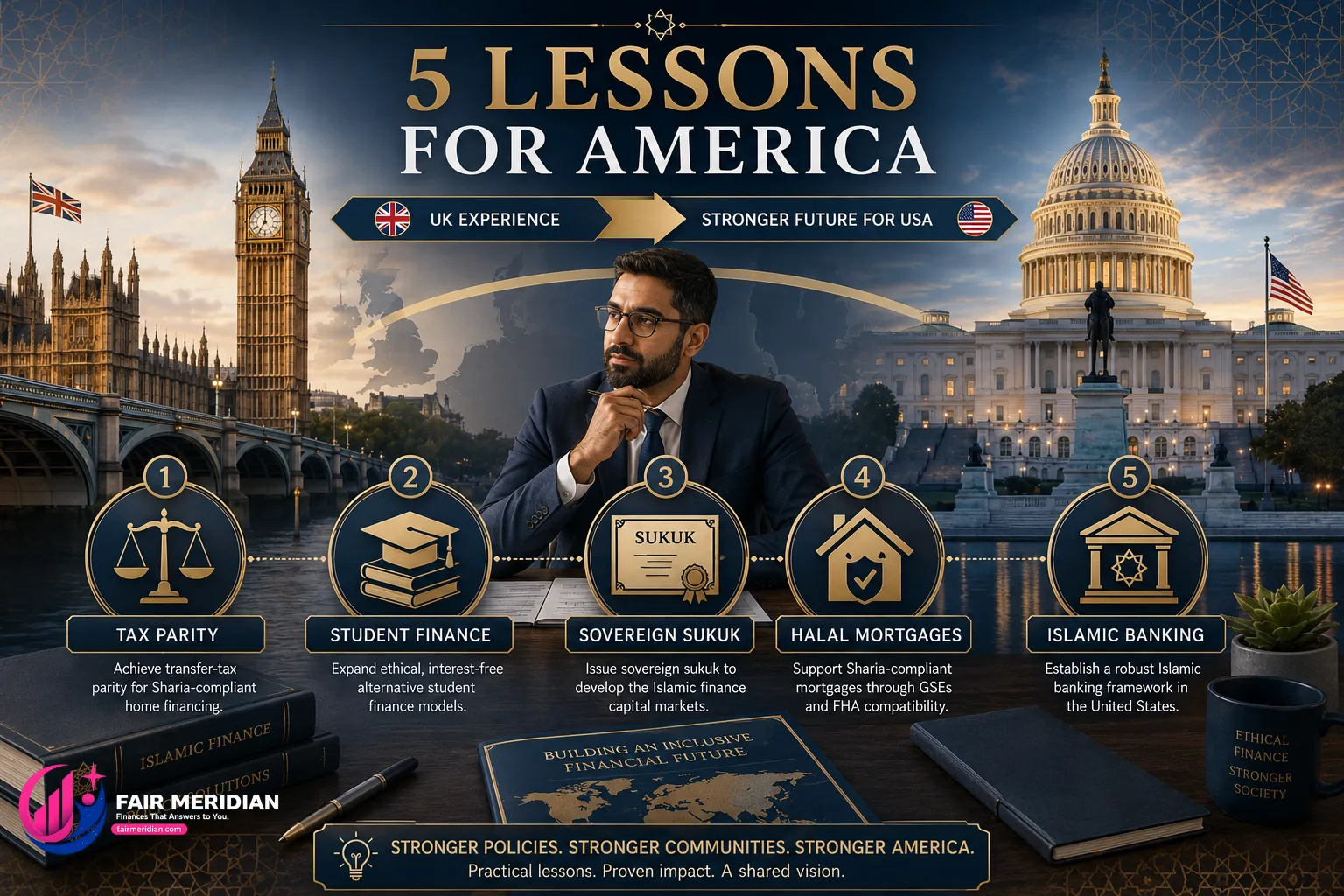 Five Islamic finance policy lessons the USA can learn from the UK including halal mortgages, sukuk and Islamic banking