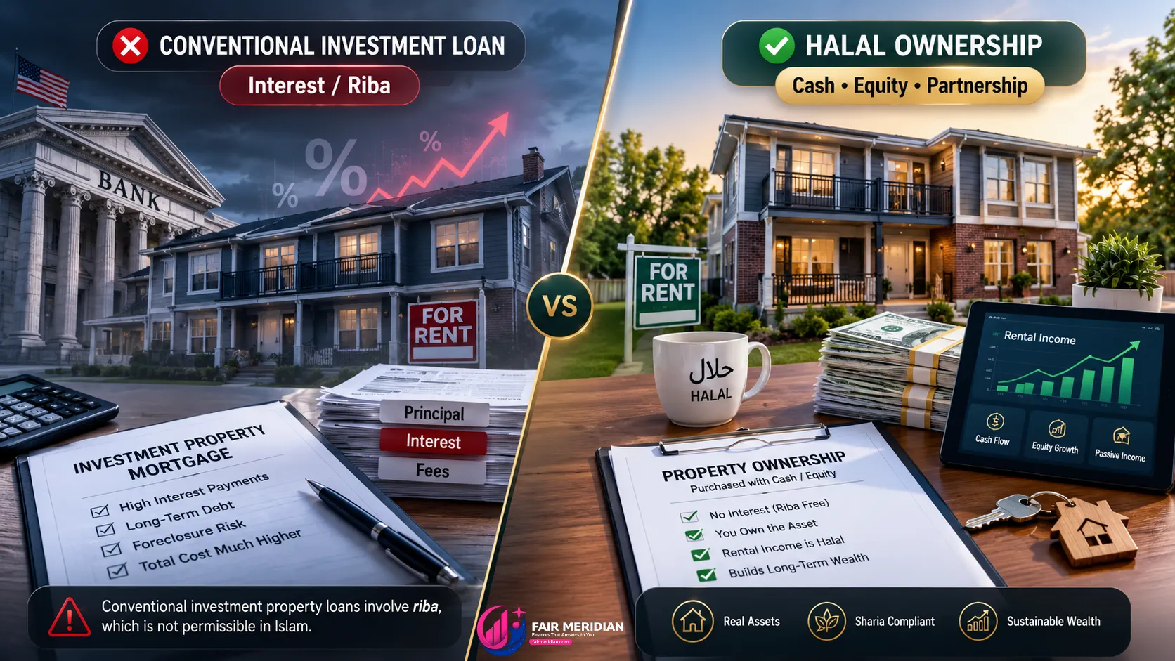 Halal rental property financing compared with conventional investment mortgage and riba