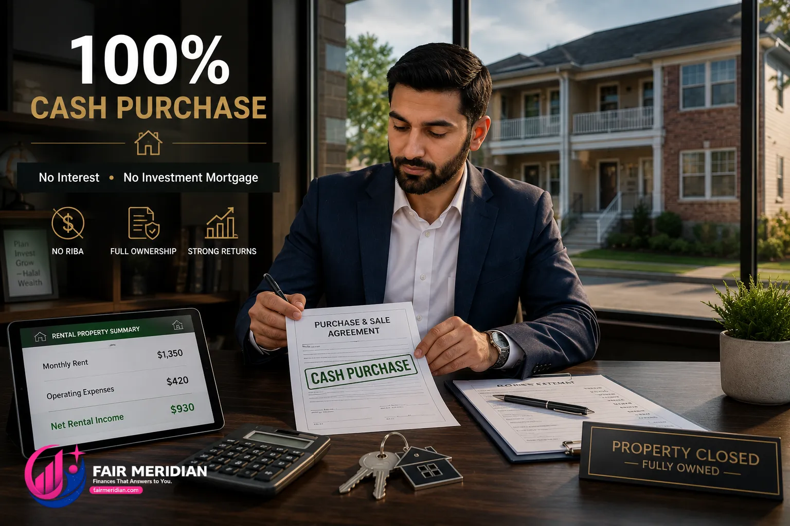 Muslim investor purchasing American rental property with cash for halal real estate investing